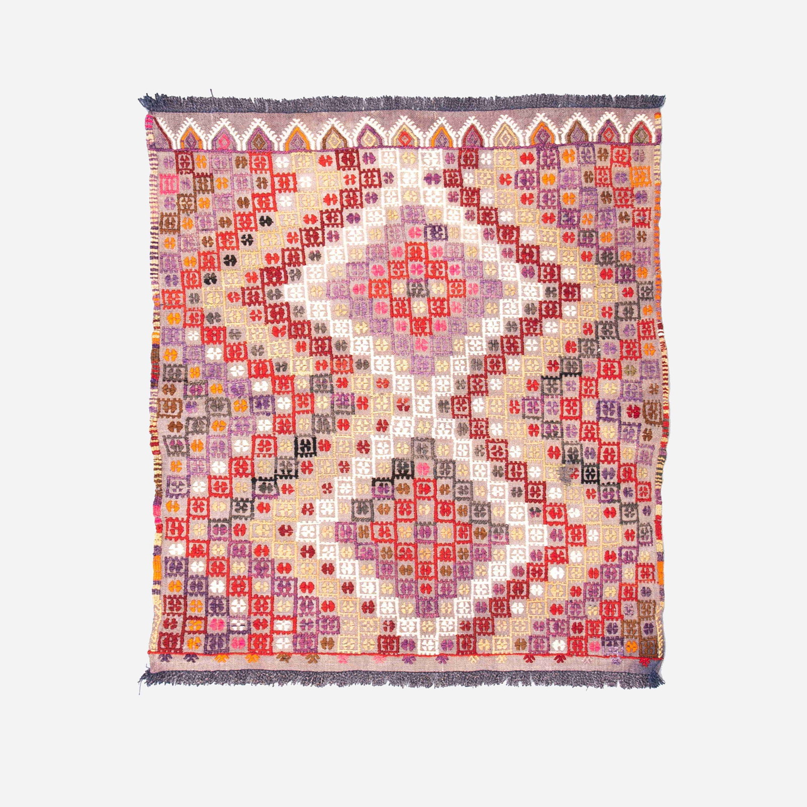 Authentic Handmade Cicim Wool Kilim 38.2 x 43.7 Inches: Authentic Handmade Cicim Wool Kilim 38.2 x 43.7 Inches Discover the charm of this Authentic Handmade Cicim Kilim, meticulously crafted from high-quality wool on wool. This beautiful piece showcases tr