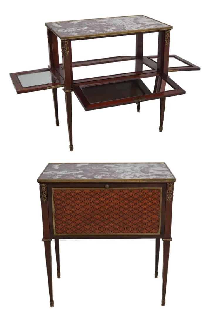 French Style Bar Cabinet with Marble Top Parquetry Inlay 31w x 19d x 33.5h (1 of 10)