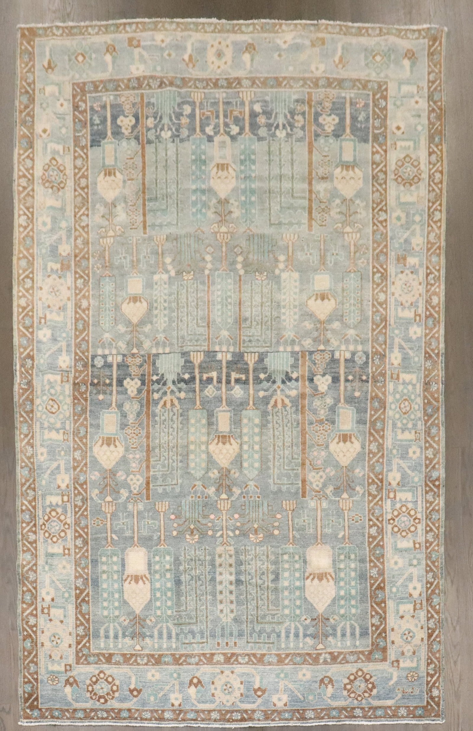 4' 11" x 7' 9" Persian Hamadan rug blue green willow tree design: 4' 11" x 7' 9" Persian Hamadan rug blue green willow tree design Vintage Persian Hamedan rug featuring a blue and green palette with an all-over willow tree design. This mid-20th century carpet is pre