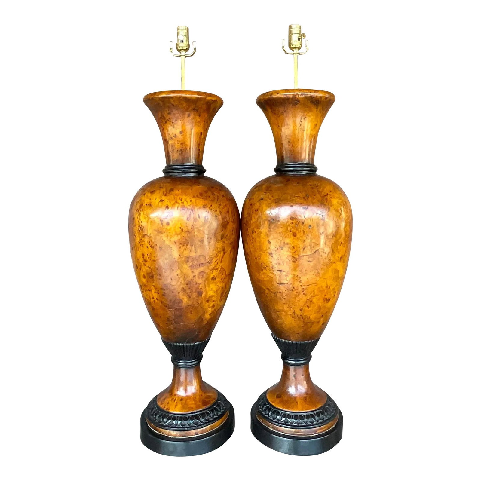 Vintage Boho Pair of Biedermeier Burl Wood Urn Lamps: Vintage Boho Pair of Biedermeier Burl Wood Urn Lamps Enhance your living space with this stunning pair of vintage Boho table lamps, featuring chic burl wood urns adorned with a classic Biedermeier mot
