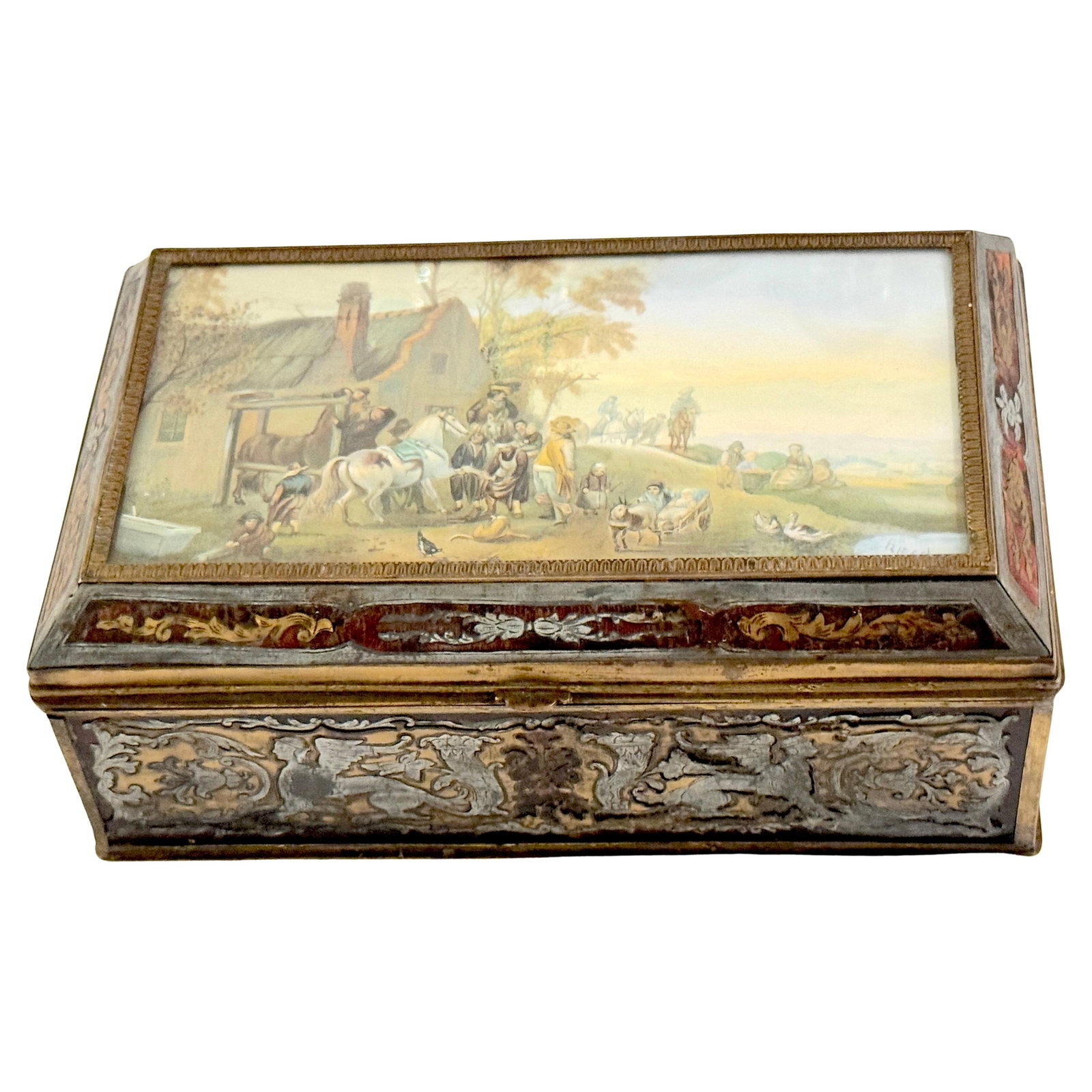 Boulle Inlaid Table Box With Signed Resck Pastoral Miniature 19th Century: Boulle Inlaid Table Box With Signed Resck Pastoral Miniature 19th Century This 19th-century Boulle inlaid table box features a finely detailed miniature pastoral landscape painting, signed 'Resck' in 
