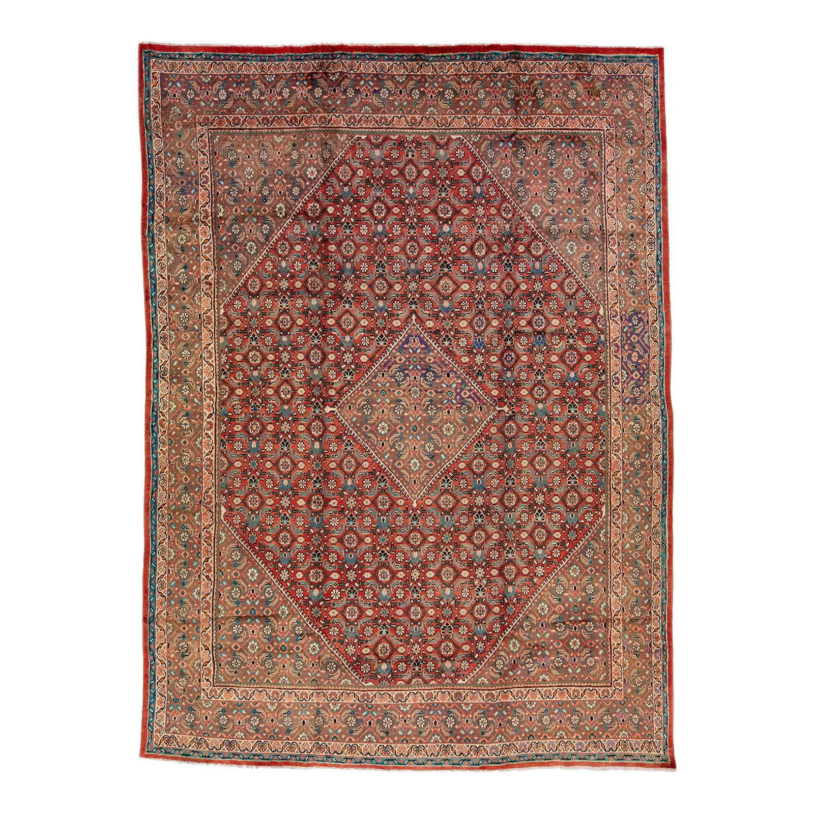 1960s Vintage Persian Mahal Red Wool Rug 9'5" x 13' All-Over Medallion Design: 1960s Vintage Persian Mahal Red Wool Rug 9'5" x 13' All-Over Medallion Design This stunning vintage Persian Mahal rug features a vibrant red color field, beautifully hand-knotted from high-quality woo