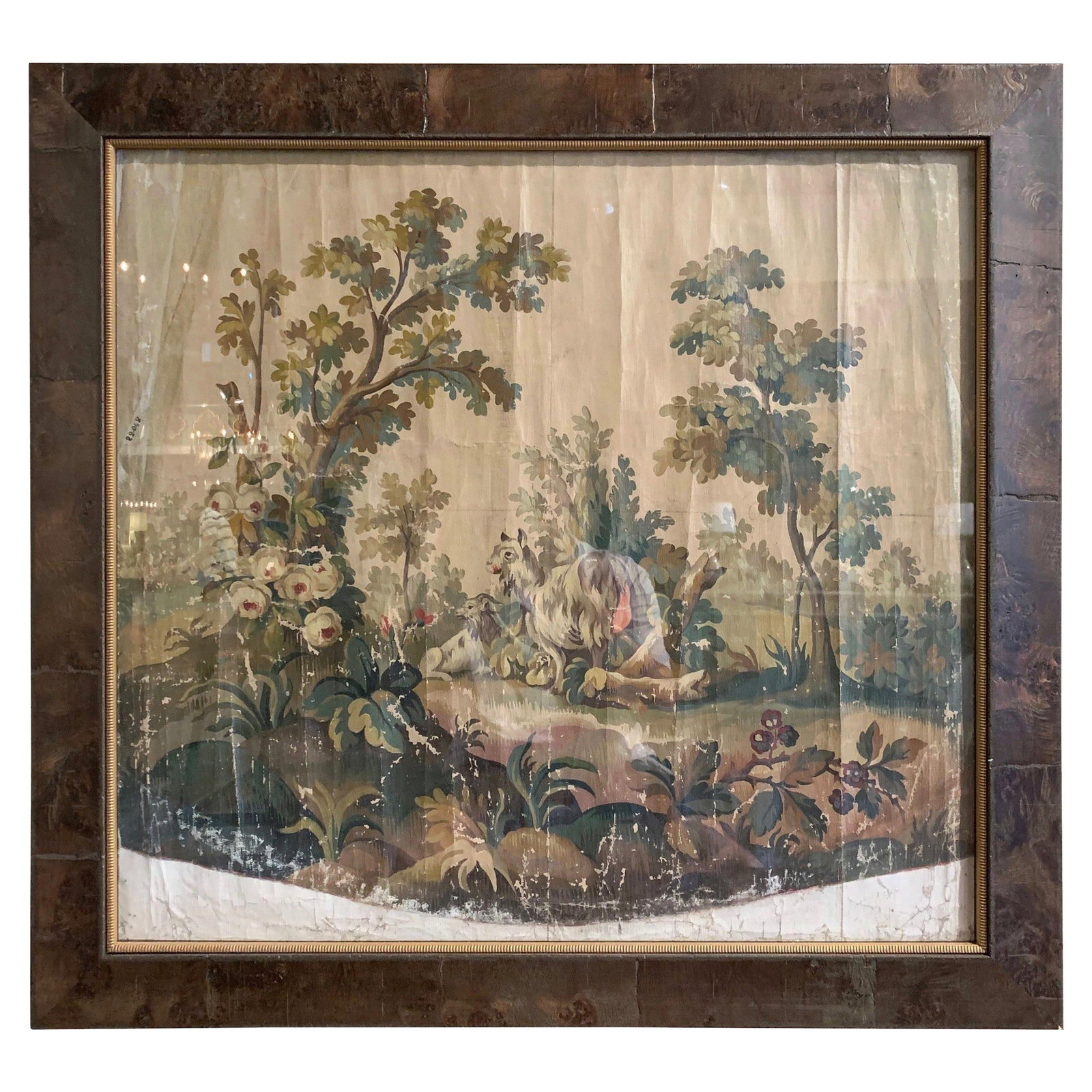 Louis XVI Aubusson Goat Landscape Gouache on Paper in Giltwood Frame: Louis XVI Aubusson Goat Landscape Gouache on Paper in Giltwood Frame This late 18th-century French Aubusson gouache cartoon is a hand-painted artwork originally created as a modello for tapestry produ