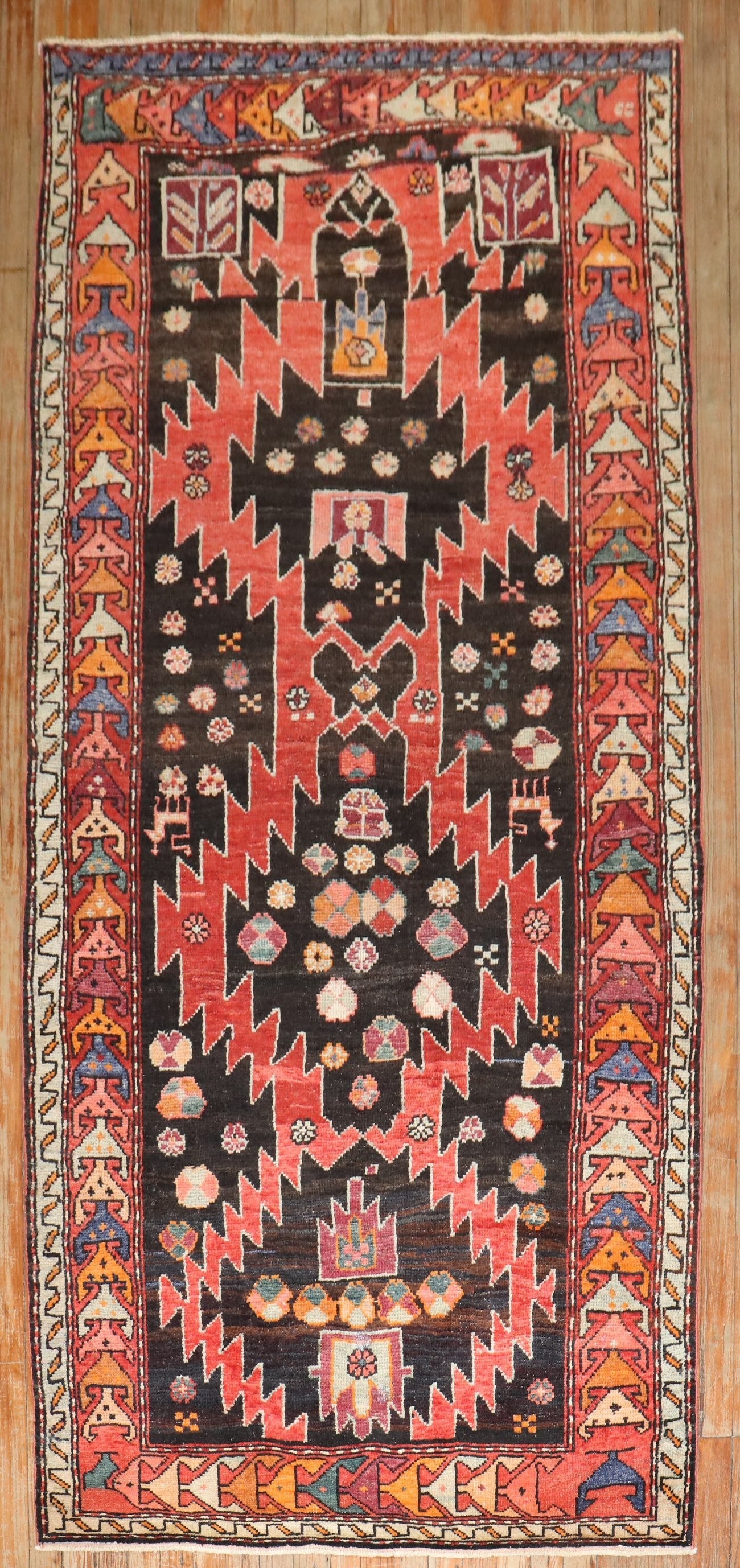 3' 10" x 8' 4" Russian Karabagh Geometric Runner: 3' 10" x 8' 4" Russian Karabagh Geometric Runner A 1920s Russian Karabagh geometric runner with a colorful pattern and traditional design. This pre-owned rug is identified as an intermediate category 