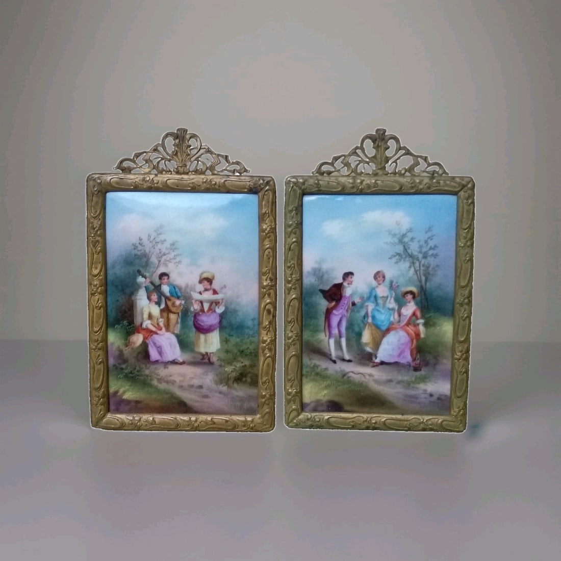Antique French hand painted porcelain plaque pair with easel frames (1 of 12)