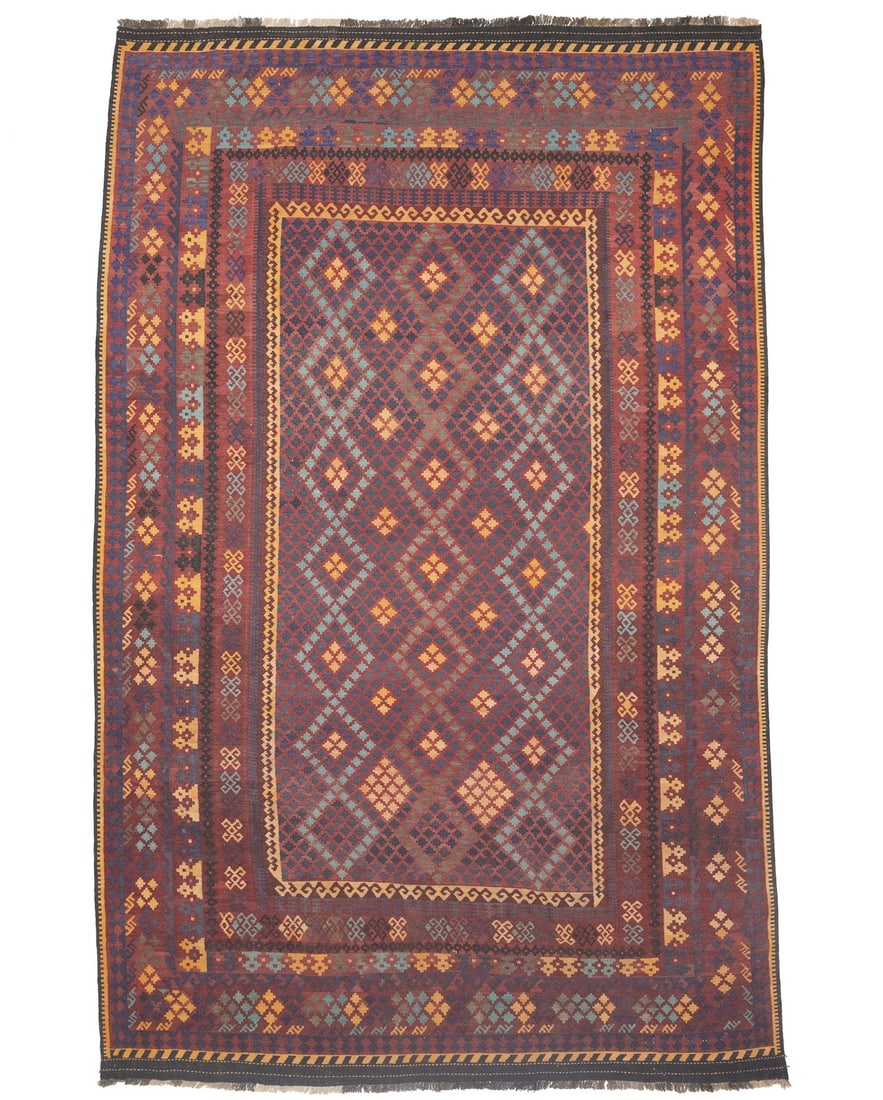 Hand-Woven Wool Area Rug 10x16 Tribal Geometric Multicolor Vintage Kilim: Hand-Woven Wool Area Rug 10x16 Tribal Geometric Multicolor Vintage Kilim This vintage flat-woven Kilim rug features a striking multicolored geometric pattern in shades of red, dark gray, golden peach,