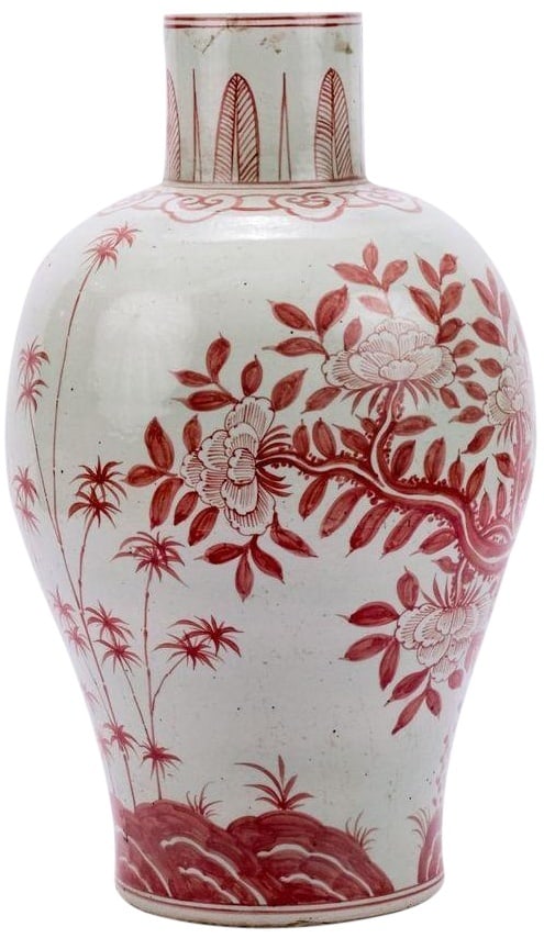 Asian Antique Style Handcrafted Porcelain Vase with Plum Motif: Asian Antique Style Handcrafted Porcelain Vase with Plum Motif This exquisite handcrafted porcelain vase showcases a beautiful plum motif, reflecting the elegance of Asian antique style. Its baluster 