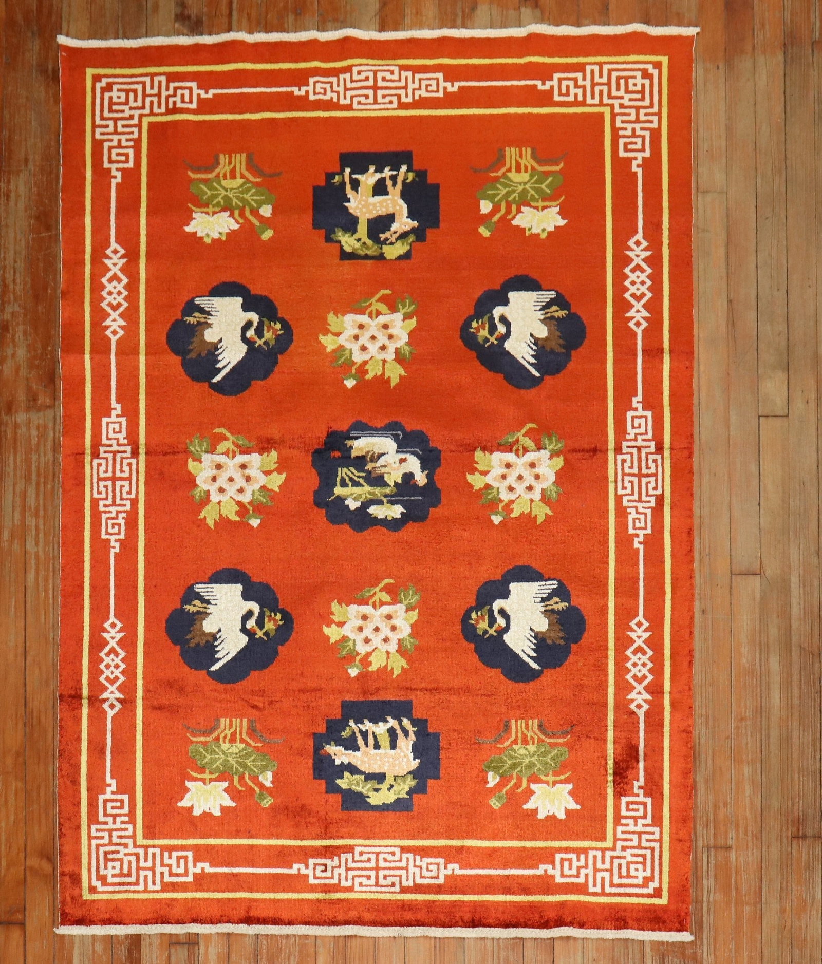 4' 5" x 5' 11" Chinese Peking silk pictorial accent rug: 4' 5" x 5' 11" Chinese Peking silk pictorial accent rug 20th century Chinese Peking pictorial accent rug in red silk. This pre-owned rug features a pictorial design and is presented as an accent-size 