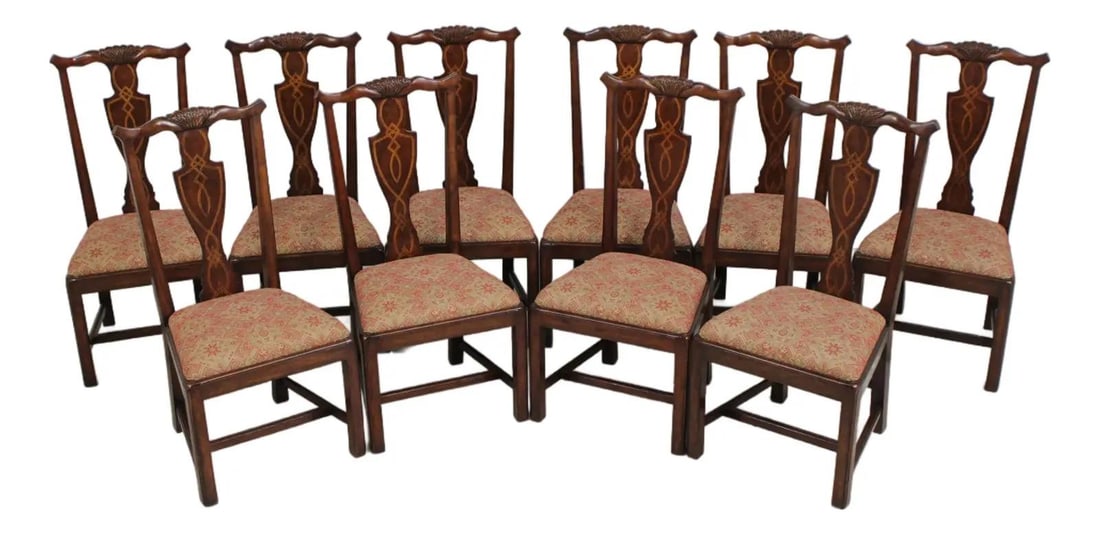 10 Jonathan Charles mahogany dining chairs in Chippendale style Set of 10: 10 Jonathan Charles mahogany dining chairs in Chippendale style Set of 10 Set of 10 mahogany dining chairs in Chippendale style with urn-shaped backsplats, carved detailing, and inlay work throughout.