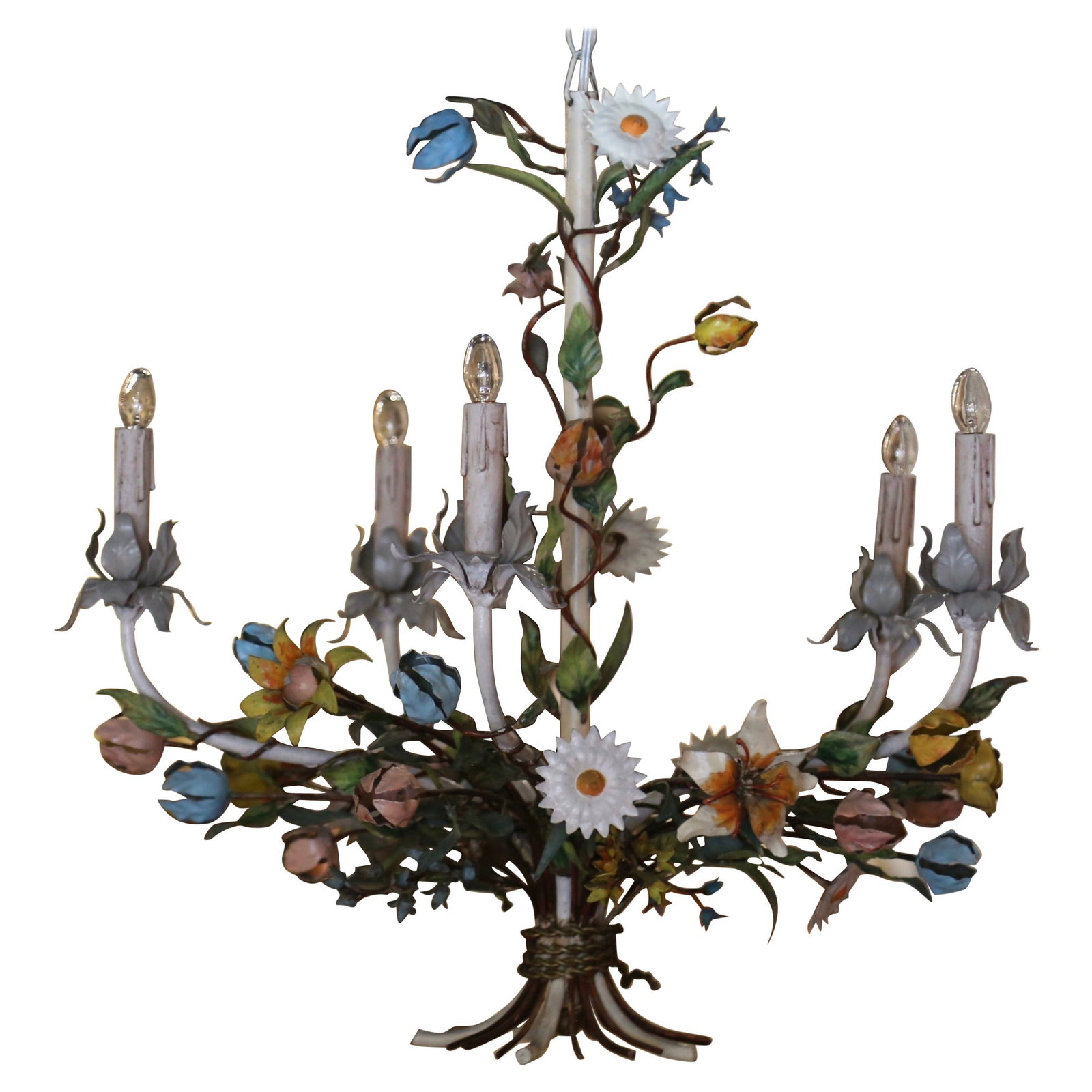 Vintage 1920 French Hand-Painted Floral Five-Light Chandelier: Vintage 1920 French Hand-Painted Floral Five-Light Chandelier Illuminate your space with this exquisite Early 20th Century French Metal and Painted Floral Five-Light Chandelier. Perfect for a girl's r