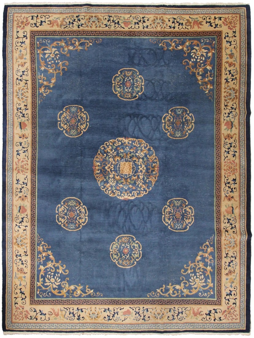 Antique Chinese Peking Rug Art Deco Blue 9x12 Handmade Wool: Antique Chinese Peking Rug Art Deco Blue 9x12 Handmade Wool This is an authentic antique Chinese Art Deco area rug, handmade in China circa 1920. The rug features a hand-knotted construction using 100