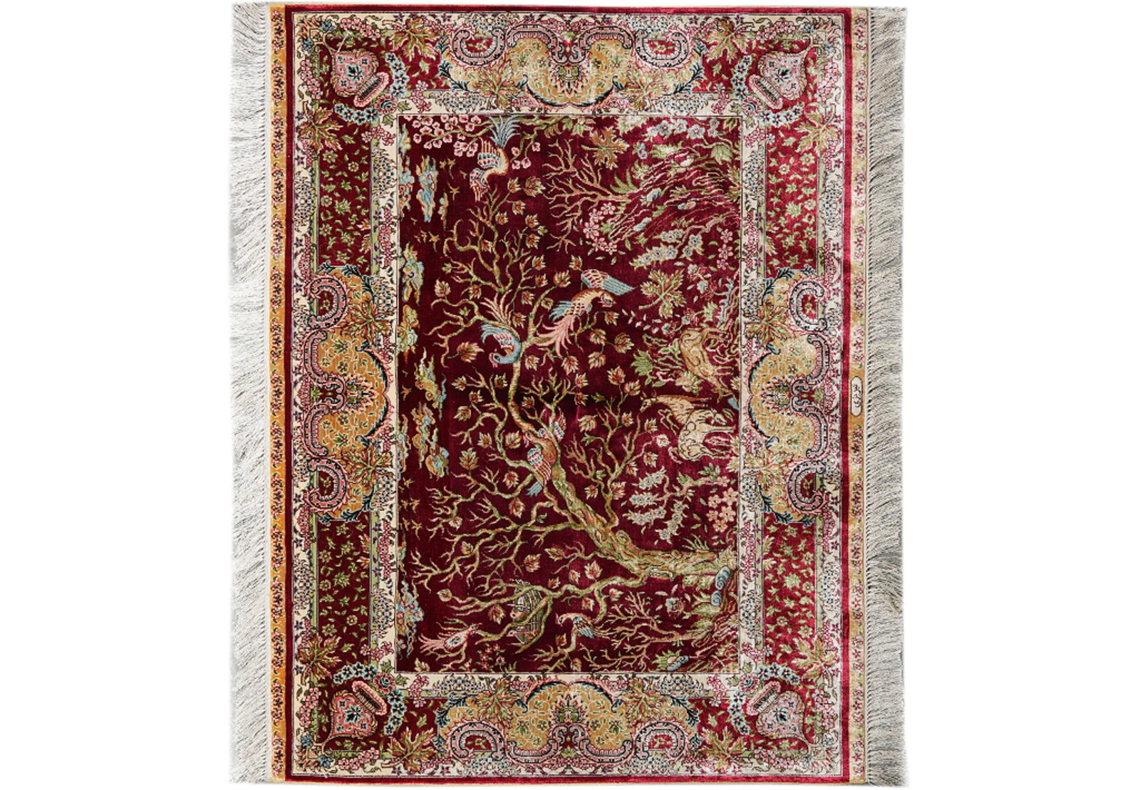 4 x 3 Bamboo Silk Rug Scenic Trees Birds Deer: 4 x 3 Bamboo Silk Rug Scenic Trees Birds Deer Free continental US Shipping This 4 x 3 Bamboo Silk Rug features a scenic nature design with trees, birds, and deer. Handcrafted with a fine detailed weav