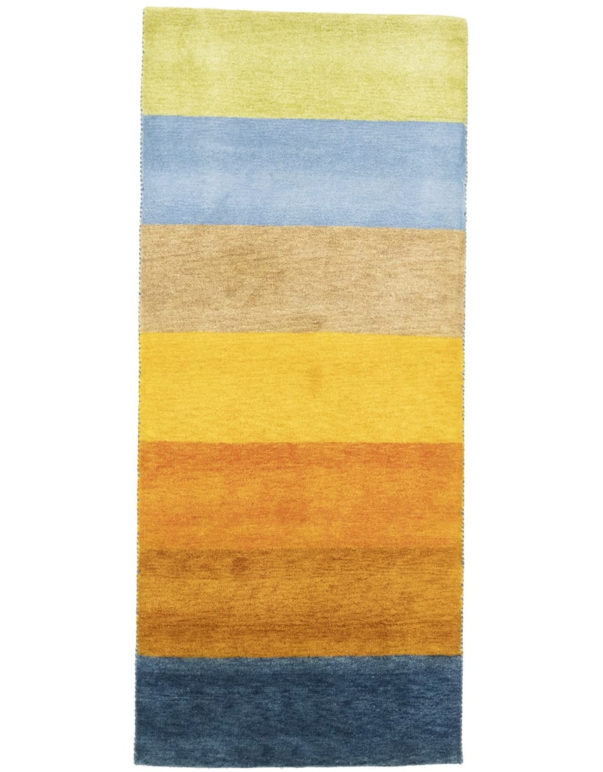 Hand-Knotted Wool Indo-Gabbeh 3'1 x 7'2 Striped Runner Rug: Hand-Knotted Wool Indo-Gabbeh 3'1 x 7'2 Striped Runner Rug Enhance your space with this stunning Handmade Indo-Gabbeh Runner Rug, featuring a vibrant multicolored striped design that adds a touch of t