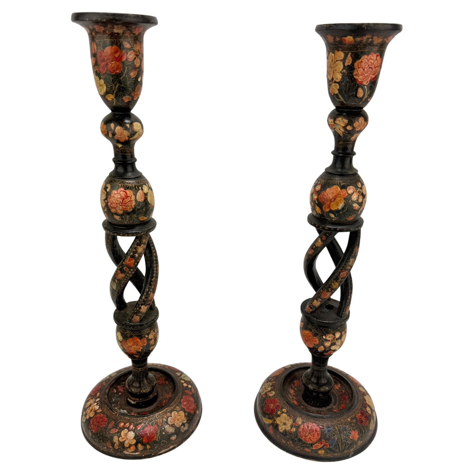 Pair of 16 Inch Antique Kashmiri Barley Twist Candlesticks: Pair of 16 Inch Antique Kashmiri Barley Twist Candlesticks This exquisite pair of Antique Kashmiri Barley Twist Polychrome Decorated Candlesticks stands at 16 inches tall, making a striking addition t