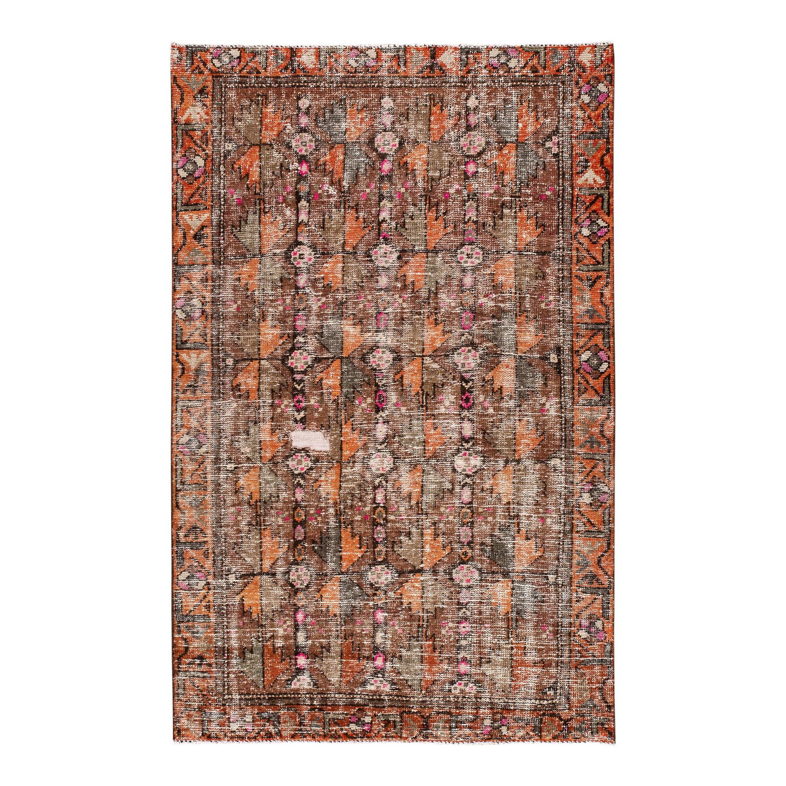 Vintage Persian Hand-Knotted Wool Rug Brown Geometric Design 3'8" x 6': Vintage Persian Hand-Knotted Wool Rug Brown Geometric Design 3'8" x 6' Discover the charm of this vintage Persian hand-knotted wool rug featuring a warm brown base adorned with vibrant orange, pink, a