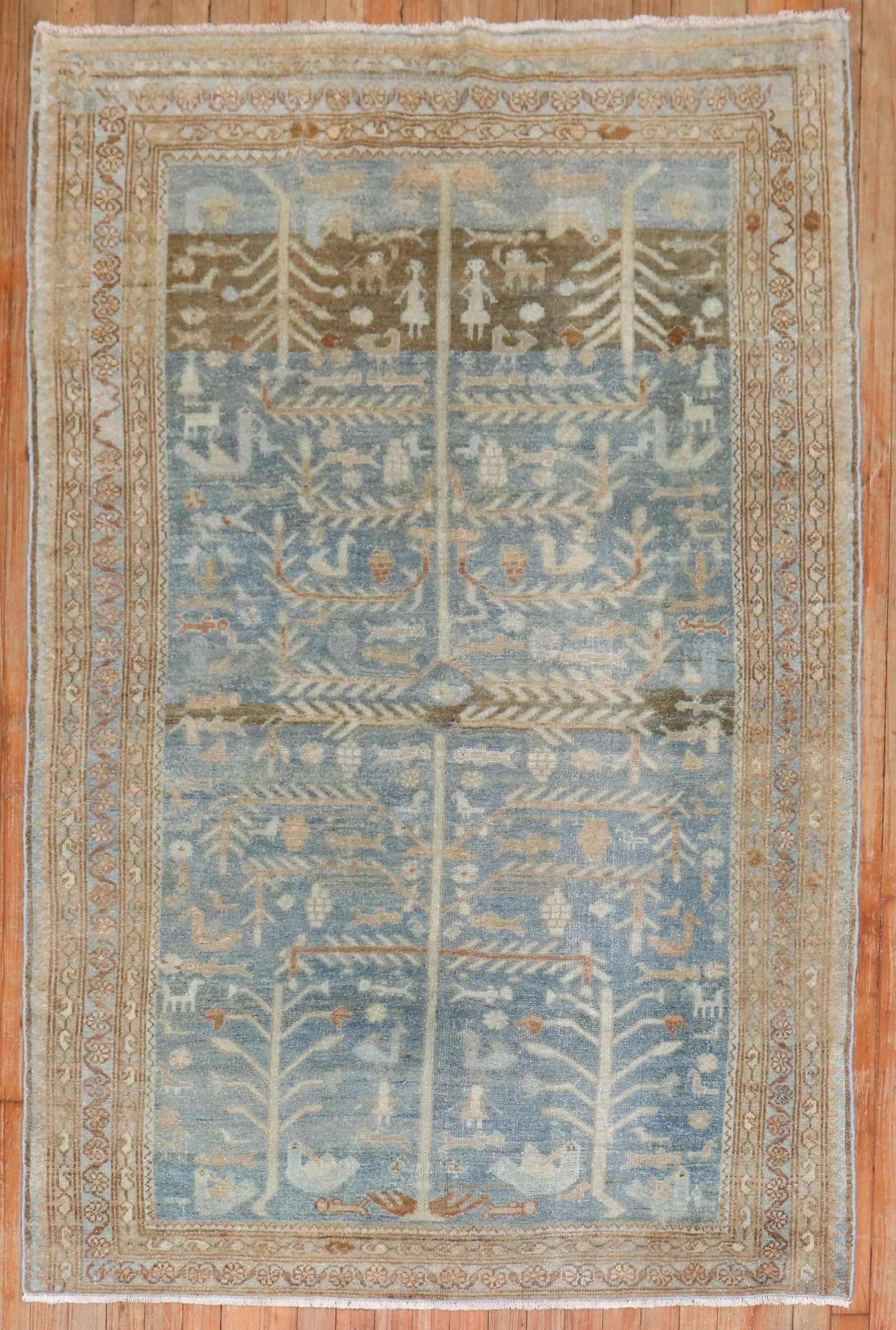 4' 2" x 6' 1" Persian Malayer pictorial accent rug in blue: 4' 2" x 6' 1" Persian Malayer pictorial accent rug in blue Vintage Persian Malayer pictorial accent rug from the 1920s in an ocean blue palette with brown tones. This pre-owned rug features a pictoria