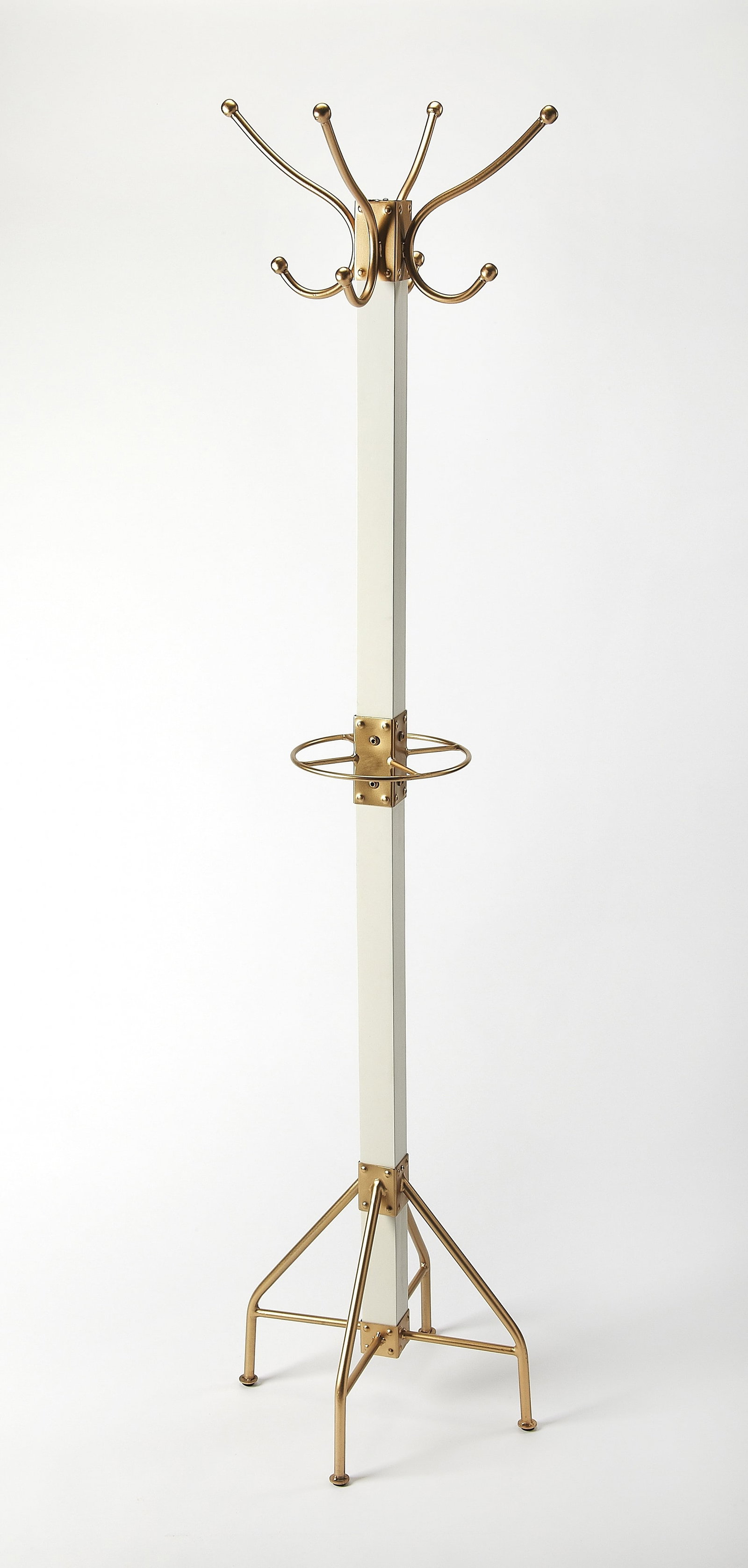 Butler Transitional White Gold 2-Tier Coat Stand Brass Iron Mango Wood: Butler Transitional White Gold 2-Tier Coat Stand Brass Iron Mango Wood Enhance your home decor with this elegant Transitional White & Gold Coat Stand. Crafted from a blend of brass, iron, and mango wo