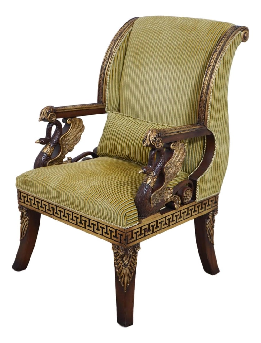 Gilt Carved Hall Chair Egyptian Style with Swan Arms: Gilt Carved Hall Chair Egyptian Style with Swan Arms Egyptian style hall chair with gilt carved detailing, including swan-form arms, a curved back, and a Greek key design. The piece features fine carv