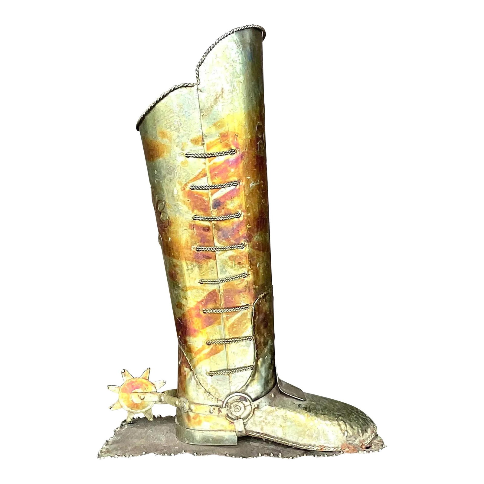 Vintage Boho Patinated Spur Boot in Bronze Aluminum: Vintage Boho Patinated Spur Boot in Bronze Aluminum Experience rustic elegance with this vintage Boho patinated spur boot. Crafted from aluminum, this unique piece showcases authentic charm and charac