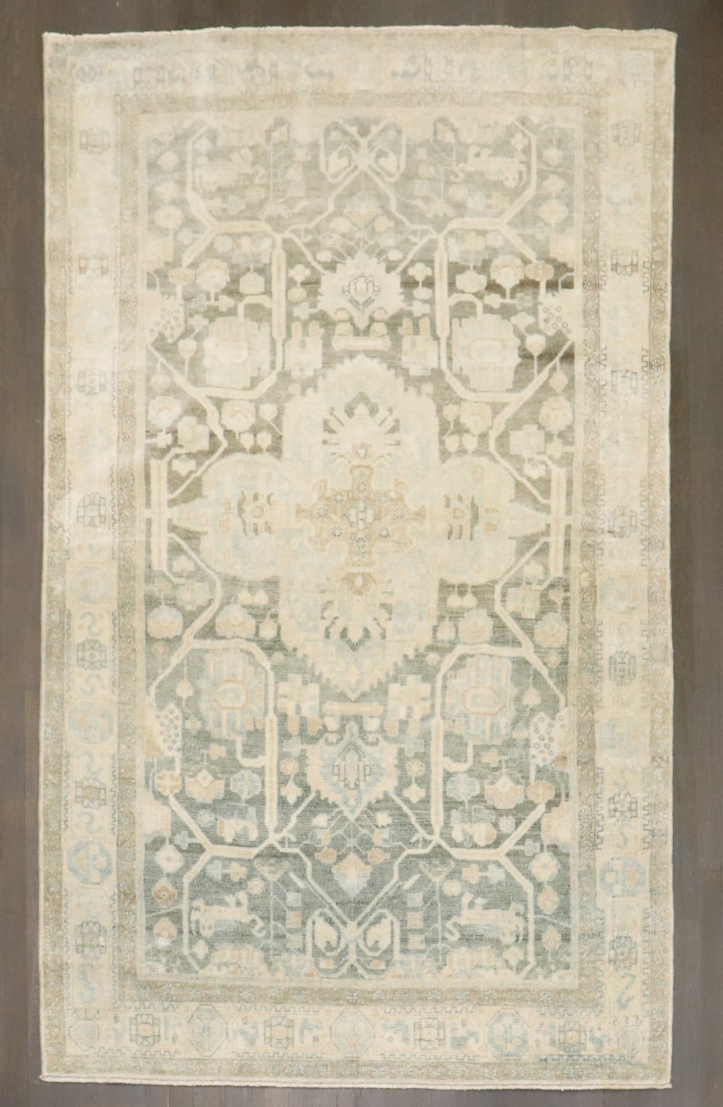 5' x 8' 1" Mid 20th Century Persian Malayer Rug: 5' x 8' 1" Mid 20th Century Persian Malayer Rug Mid 20th century Persian Malayer rug in a soft green colorway. This pre-owned rug features the traditional Malayer style. Specifications Type: Malayer O