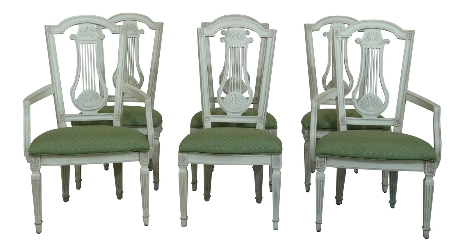 Set of 6 Italian Style White Dining Chairs with Green Upholstery: Set of 6 Italian Style White Dining Chairs with Green Upholstery Elevate your dining experience with this elegant set of 6 Italian style dining room chairs. Approximately 15 years old, these chairs fe