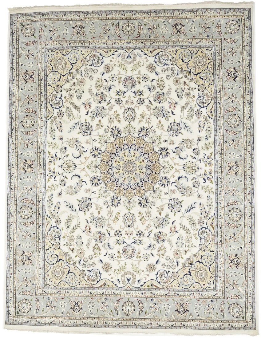 Indo-Nain Floral Medallion Hand-Knotted Wool Silk Area Rug 8x10: Indo-Nain Floral Medallion Hand-Knotted Wool Silk Area Rug 8x10 Enhance your living space with this exquisite 8x10 Indo-Nain Oriental Carpet, featuring a stunning floral medallion design. This area ru