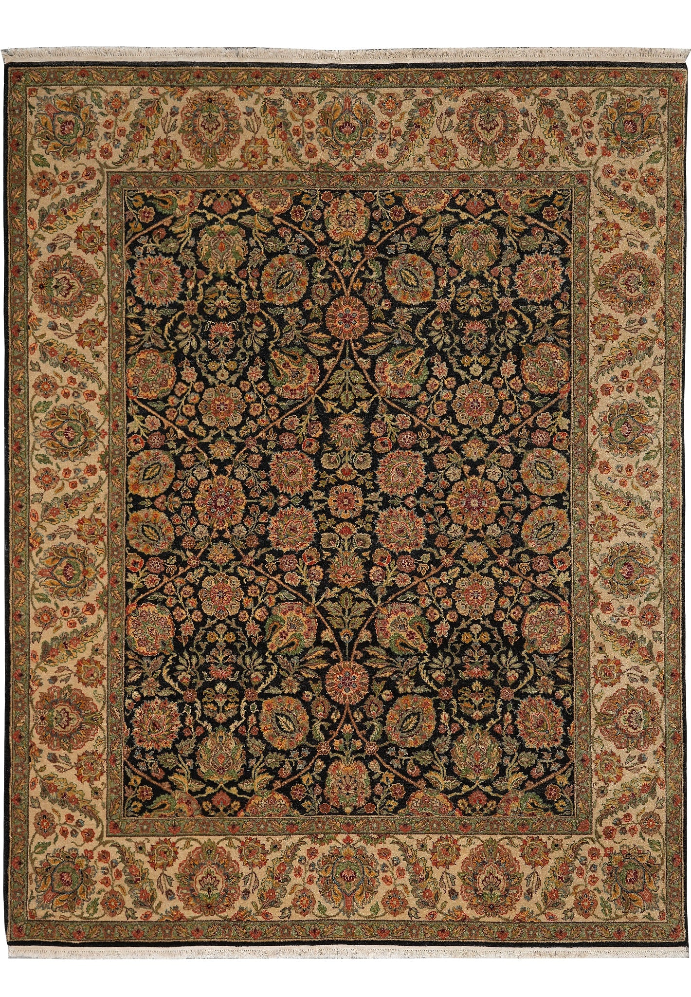 8 x 10 Hand Knotted Jaipur Rug 100% Wool Black Colorful: 8 x 10 Hand Knotted Jaipur Rug 100% Wool Black Colorful Free continental US Shipping This 8 x 10 Jaipur rug features a bold black foundation with colorful accents and a traditional hand-knotted constr