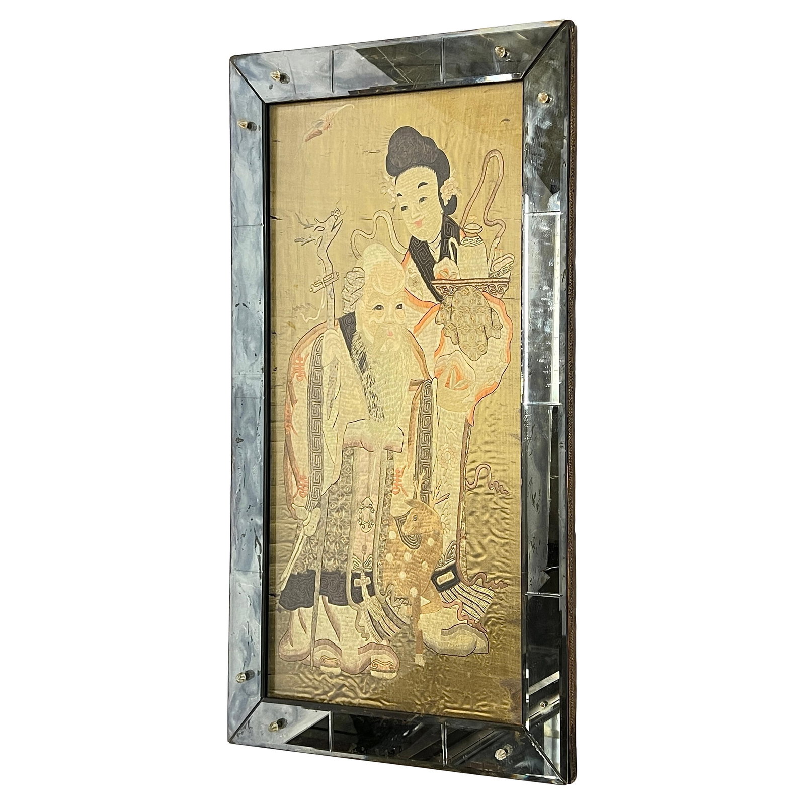 Qing Dynasty Silk Embroidery of Shou Lao and Attendant in Mirrored Frame (1 of 12)
