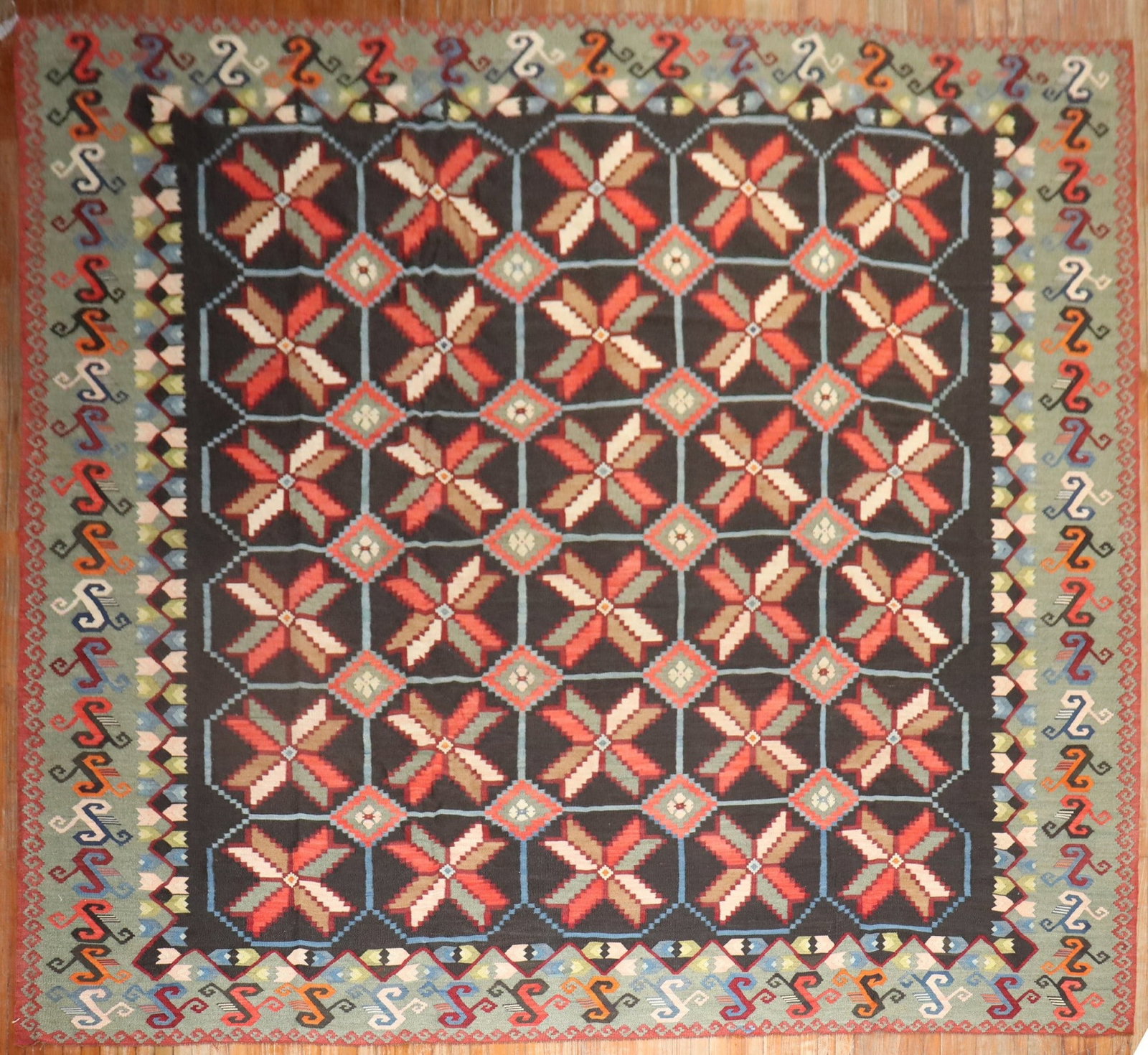 11' 9" x 13' Antique Russian Besserabian Square Kilim: 11' 9" x 13' Antique Russian Besserabian Square Kilim Antique Russian Besserabian kilim from the early 20th century in a large square room size. This pre-owned rug is identified as a Besserabian kilim