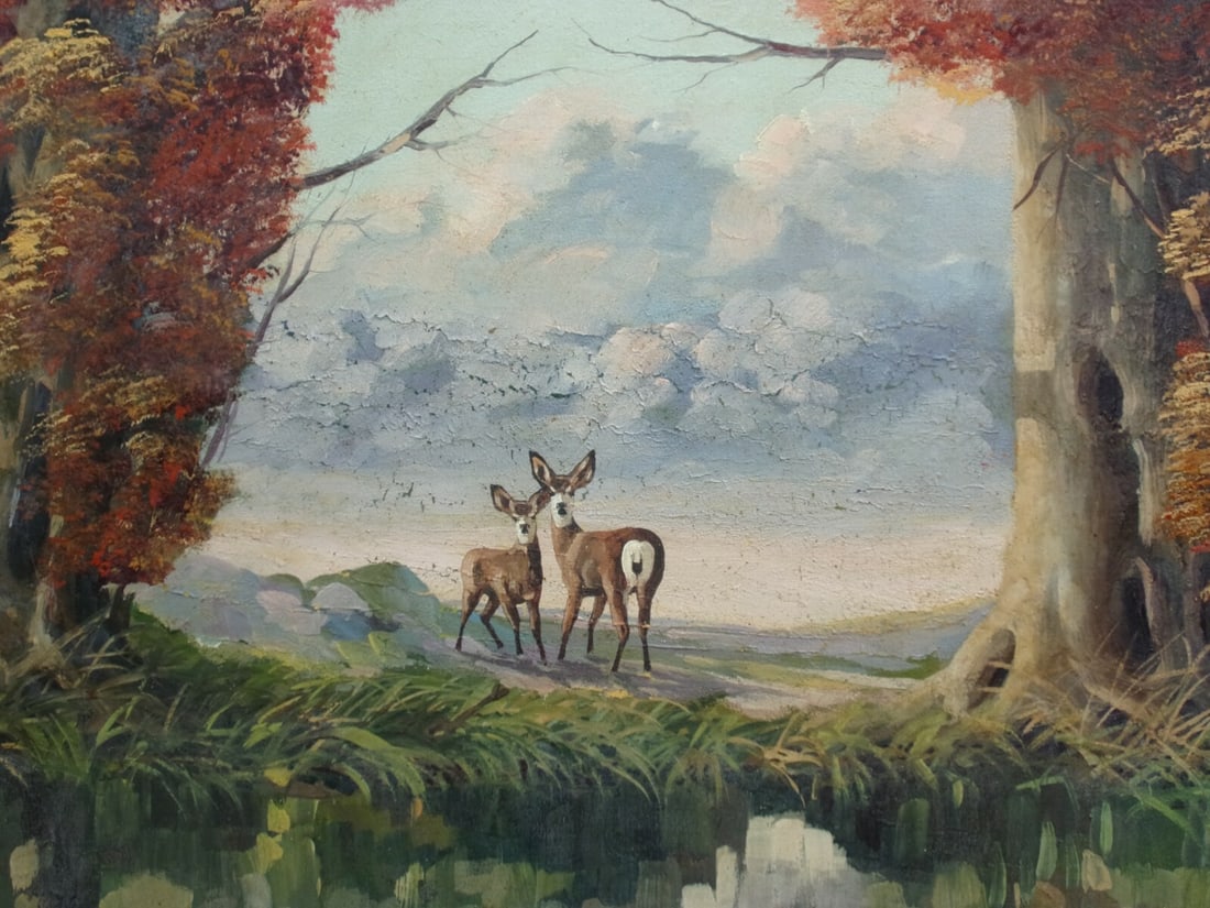 Manuel J. Sylvia Framed Oil Painting Deer at Forest Edge 46": Manuel J. Sylvia Framed Oil Painting Deer at Forest Edge 46" Vintage original oil painting by Manuel J. Sylvia depicting a pair of deer at the edge of a forest. The work has an illustrative quality an