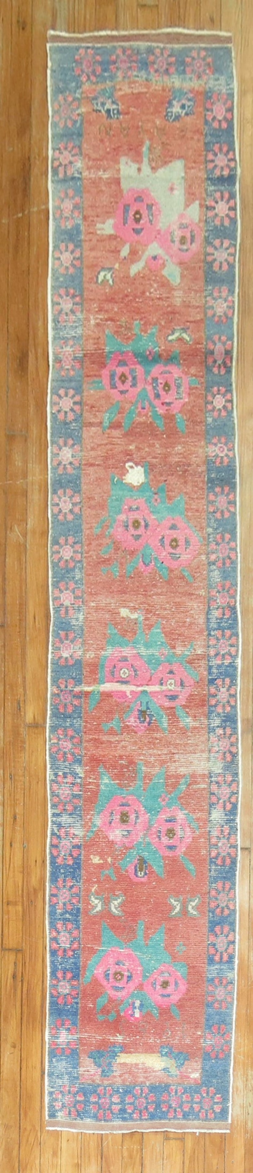 1' 9" x 9' 1" Turkish Anatolian Tulu Runner Pink Floral: 1' 9" x 9' 1" Turkish Anatolian Tulu Runner Pink Floral Turkish Anatolian narrow runner dated 1961, featuring a pink flower design. This pre-owned Tulu runner is presented in runner format. Specificat