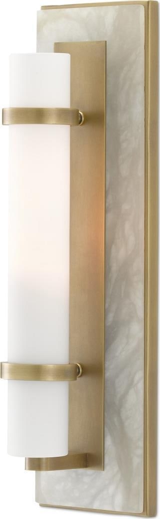 Currey Bruneau Brass Wall Sconce UL-Listed: Currey Bruneau Brass Wall Sconce UL-Listed Introducing the Bruneau Sconce, a stunning wall light that exudes vintage charm with its antique style brass finish. This medium-sized lighting fixture stand