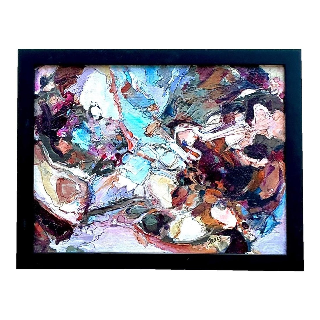 Framed Jane Tracy abstract oil canvas painting: Framed Jane Tracy abstract oil canvas painting This original abstract oil painting by Jane Tracy showcases late mid-century expressionism with interlocking forms in deep burgundy, warm sienna, and cer