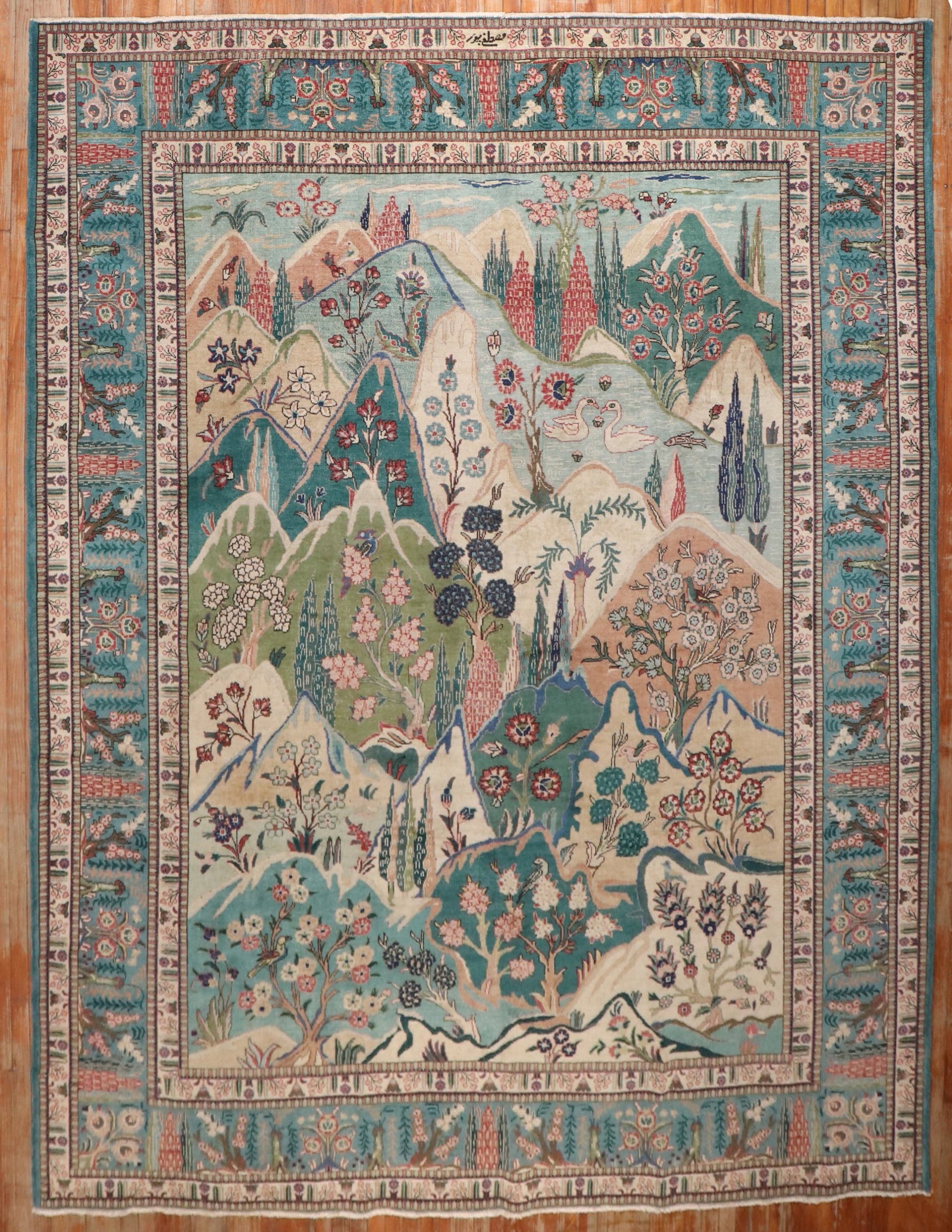 9' 8" x 12' 11" Persian Tabriz room rug landscape design: 9' 8" x 12' 11" Persian Tabriz room rug landscape design Pre-owned Persian Tabriz room-size rug from the 1930s featuring an all-over landscape design. Specifications Type: Tabriz Category: Room Origin