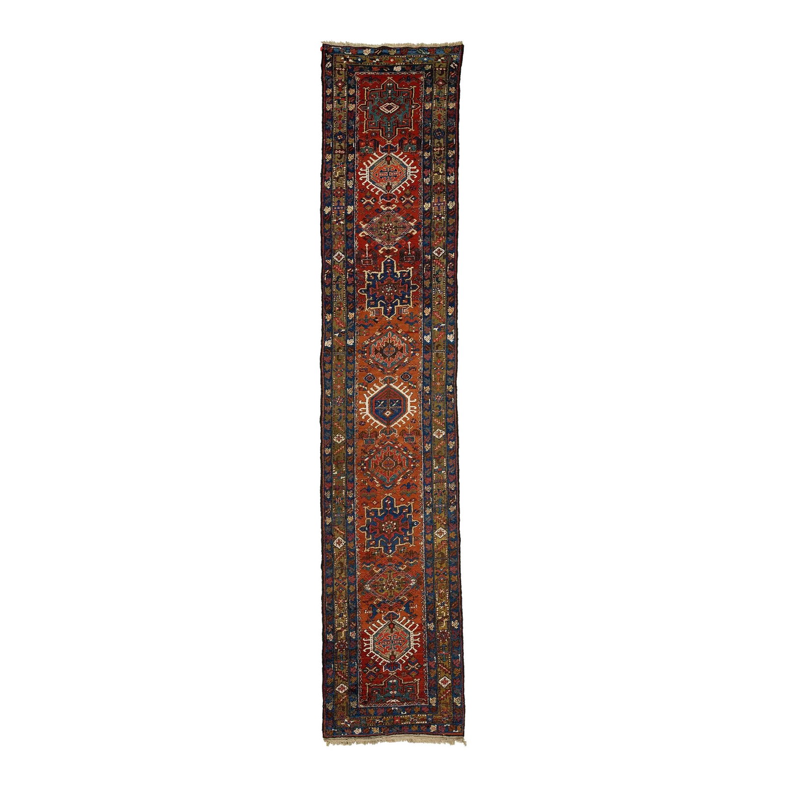 Persian Heriz Handmade Wool Runner Rug Orange Rust 3' x 15'3'': Persian Heriz Handmade Wool Runner Rug Orange Rust 3' x 15'3'' Enhance your space with this exquisite 20th-century Persian Heriz handmade wool runner rug, featuring a vibrant orange-rust color field a