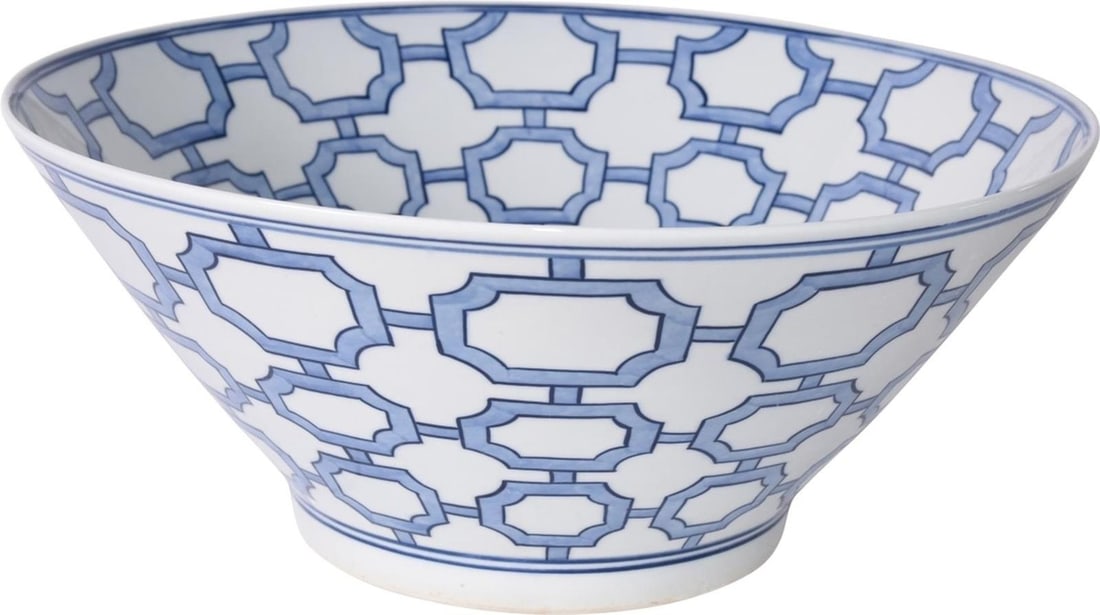 Handmade Chinoiserie Octagonal Blue Ceramic Bowl 6H x 15W x 15D: Handmade Chinoiserie Octagonal Blue Ceramic Bowl 6H x 15W x 15D This exquisite Traditional Octagonal Blue Ceramic Bowl showcases the charming Chinoiserie style, featuring a unique octagonal design. Ha