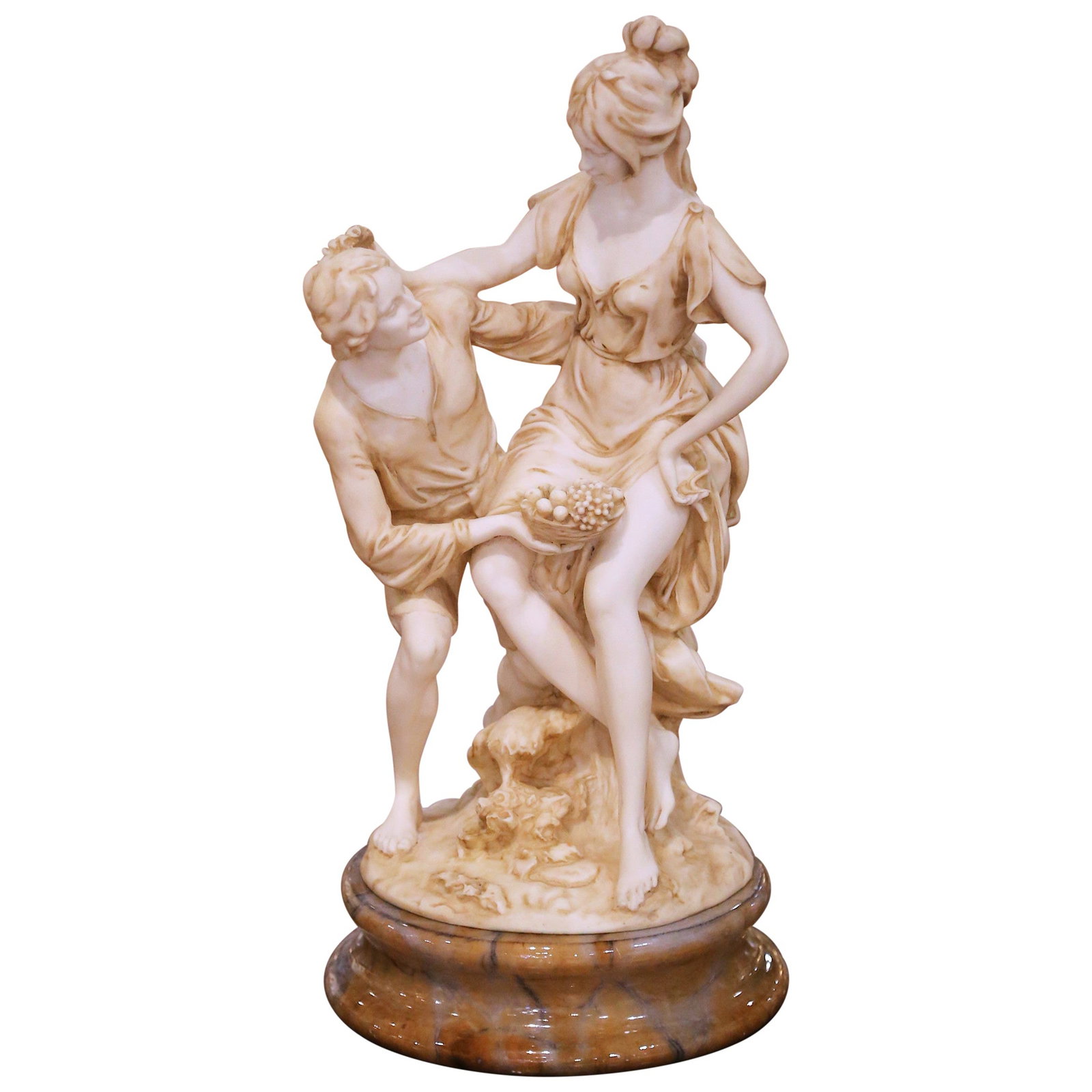 Italian Neoclassical Alabaster Couple Sculpture on Marble Base Mid-20th Century: Italian Neoclassical Alabaster Couple Sculpture on Marble Base Mid-20th Century This mid-century Italian Neoclassical sculpture features a finely hand-carved alabaster figural group, depicting a roman