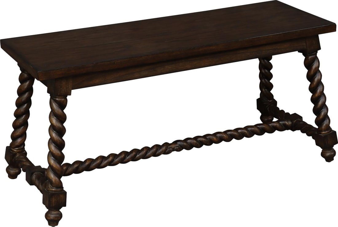 English Traditional Barley Twist Rustic Bench in Leather Teak Rattan (1 of 7)