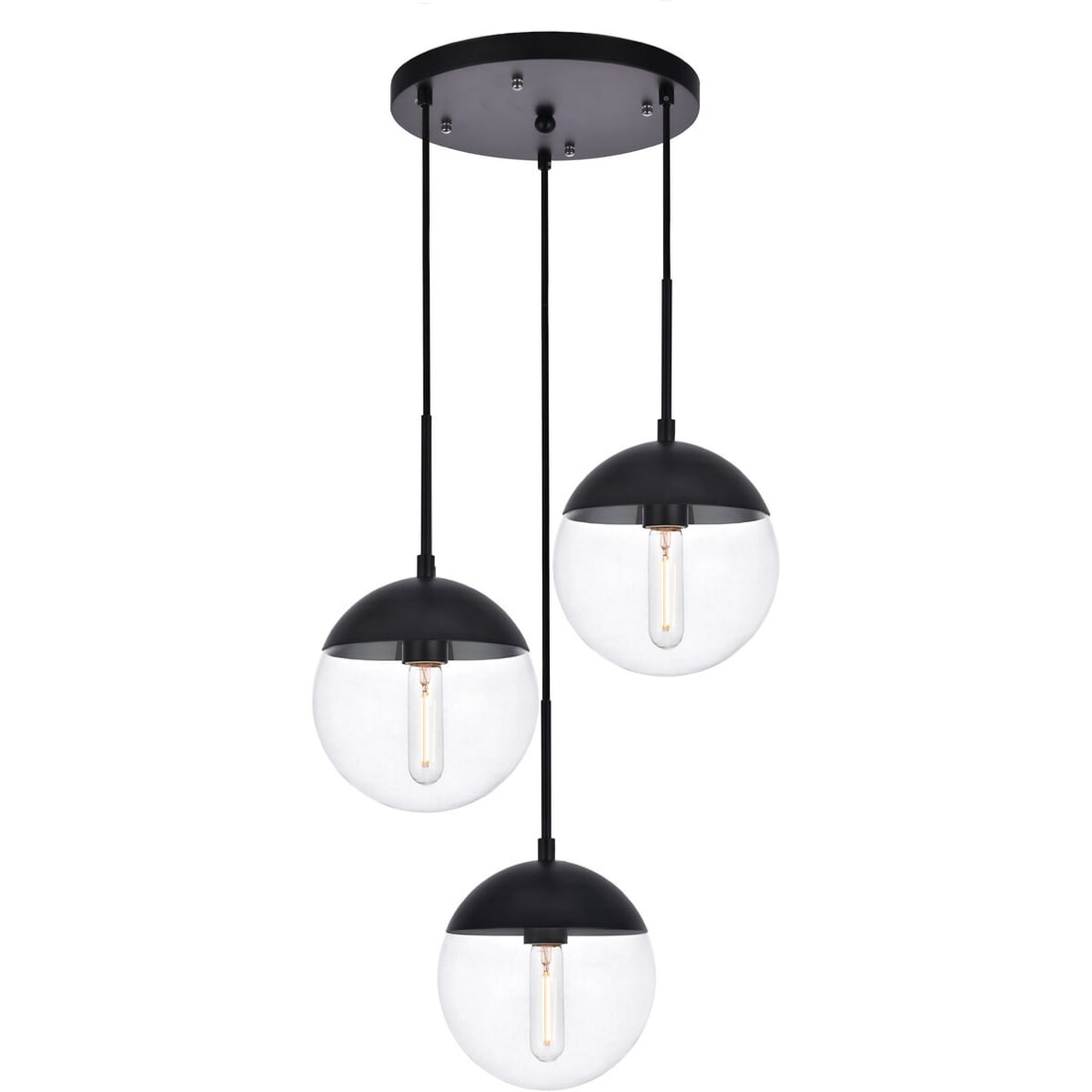 Eclipse Black Glass 3-Light Pendant Chandelier: Eclipse Black Glass 3-Light Pendant Chandelier This modern pendant chandelier features a black metal finish with clear round glass shades, offering a contemporary look suitable for living rooms, dinin