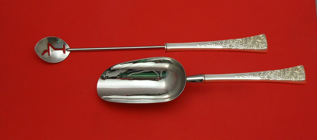 2pc Reed and Barton Tapestry Sterling Silver Martini Spoon Ice Scoop Set: 2pc Reed and Barton Tapestry Sterling Silver Martini Spoon Ice Scoop Set Custom-made 2-piece bar set in the Tapestry pattern by Reed & Barton. This sterling silver hollow-handle set with stainless wor