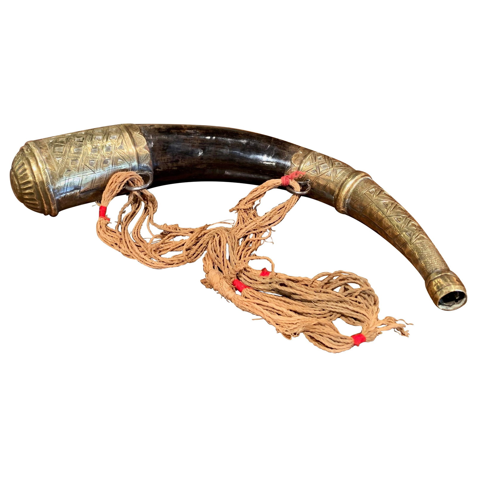 French 19th Century Horn Vessel with Engraved Brass Tassels (1 of 9)