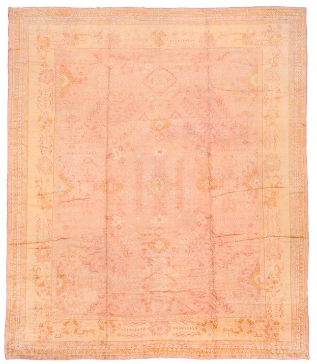 14' 11" x 17' 2" Antique Turkish Oushak Rug Pink Gold: 14' 11" x 17' 2" Antique Turkish Oushak Rug Pink Gold Early 20th-century antique Turkish Oushak rug in soft pink and gold tones. This oversize square rug presents the classic Oushak style and is offer