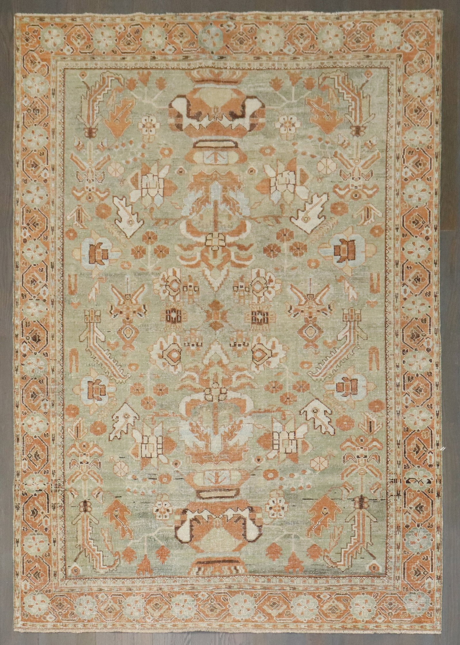 4' 3" x 6' 1" Persian Afshar Accent Rug Light Green Orange: 4' 3" x 6' 1" Persian Afshar Accent Rug Light Green Orange Early 20th century Persian Afshar accent rug with a light green field and orange border. This pre-owned rug is identified as an Afshar type a