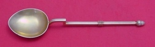 German Sterling Silver Soup Spoon with Acorn Vermeil 8 inch: German Sterling Silver Soup Spoon with Acorn Vermeil 8 inch This exquisite soup spoon features a figural design with an acorn vermeil accent, crafted from high-quality sterling silver. The piece showc
