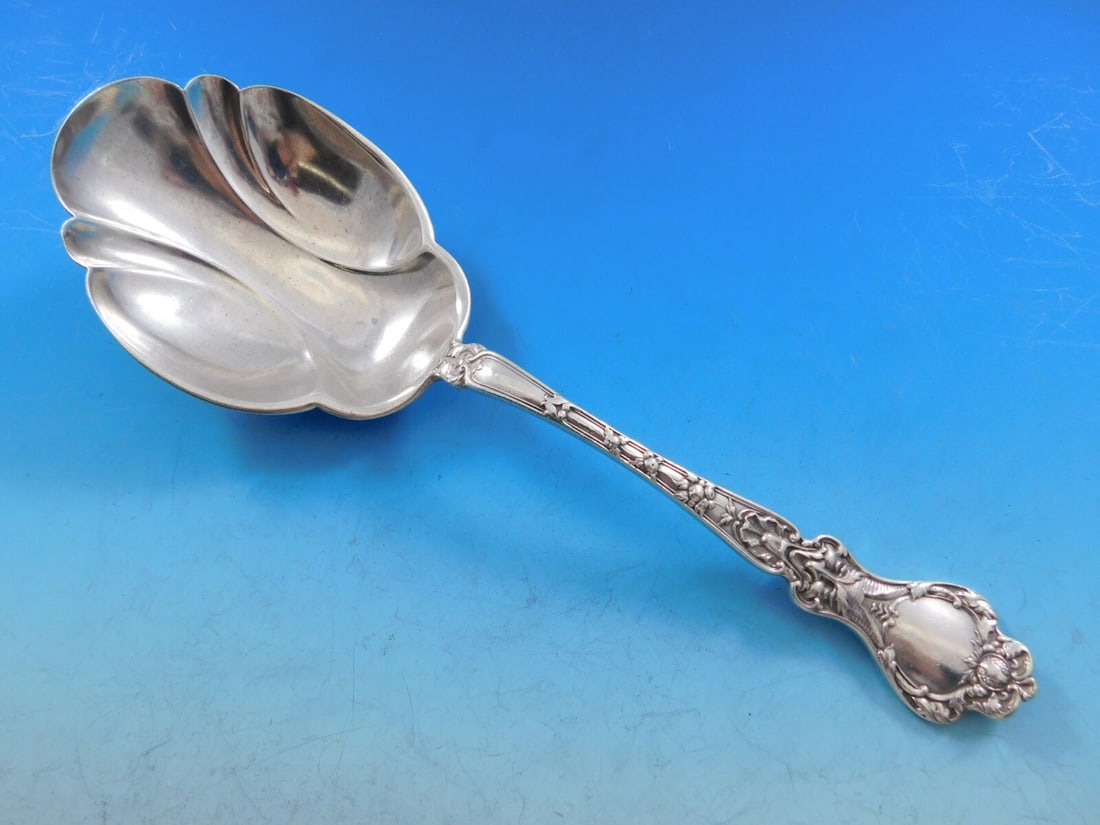 Alvin Nuremburg Sterling Silver 9 Inch Berry Serving Spoon: Alvin Nuremburg Sterling Silver 9 Inch Berry Serving Spoon This vintage serving spoon is a stunning representation of the Nuremburg pattern by Alvin, crafted from high-quality sterling silver. Measuri