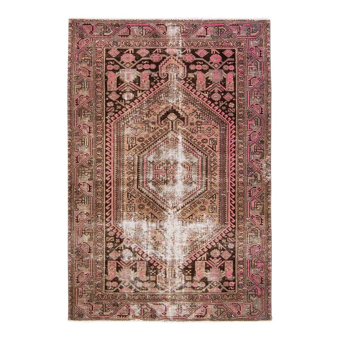 1960s Handmade Geometric Peach Wool Rug 4'2 x 6'4: 1960s Handmade Geometric Peach Wool Rug 4'2 x 6'4 Enhance your space with this beautiful vintage geometric hand-knotted wool rug, featuring a lovely peach field complemented by pink and brown accents 
