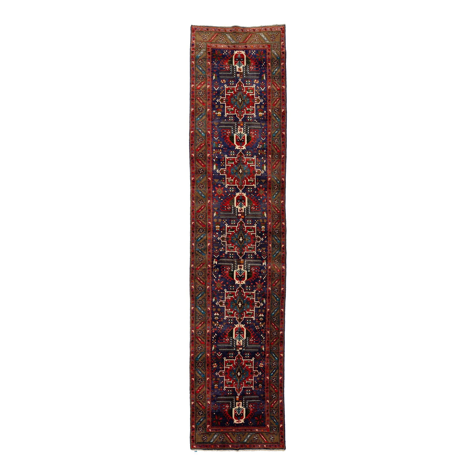 Navy Blue Handmade Heriz Wool Rug Geometric Design 3'1 x 13'9: Navy Blue Handmade Heriz Wool Rug Geometric Design 3'1 x 13'9 Enhance your space with this exquisite handmade Heriz wool rug, showcasing a stunning navy blue field adorned with a captivating all-over 