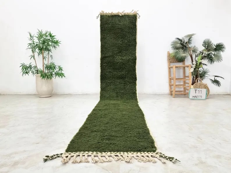 Authentic Dark Green Handmade Runner Rug from Morocco: Authentic Dark Green Handmade Runner Rug from Morocco Enhance your space with this stunning dark green handmade runner rug, expertly handwoven in the Atlas Mountains by skilled local Berber women weav