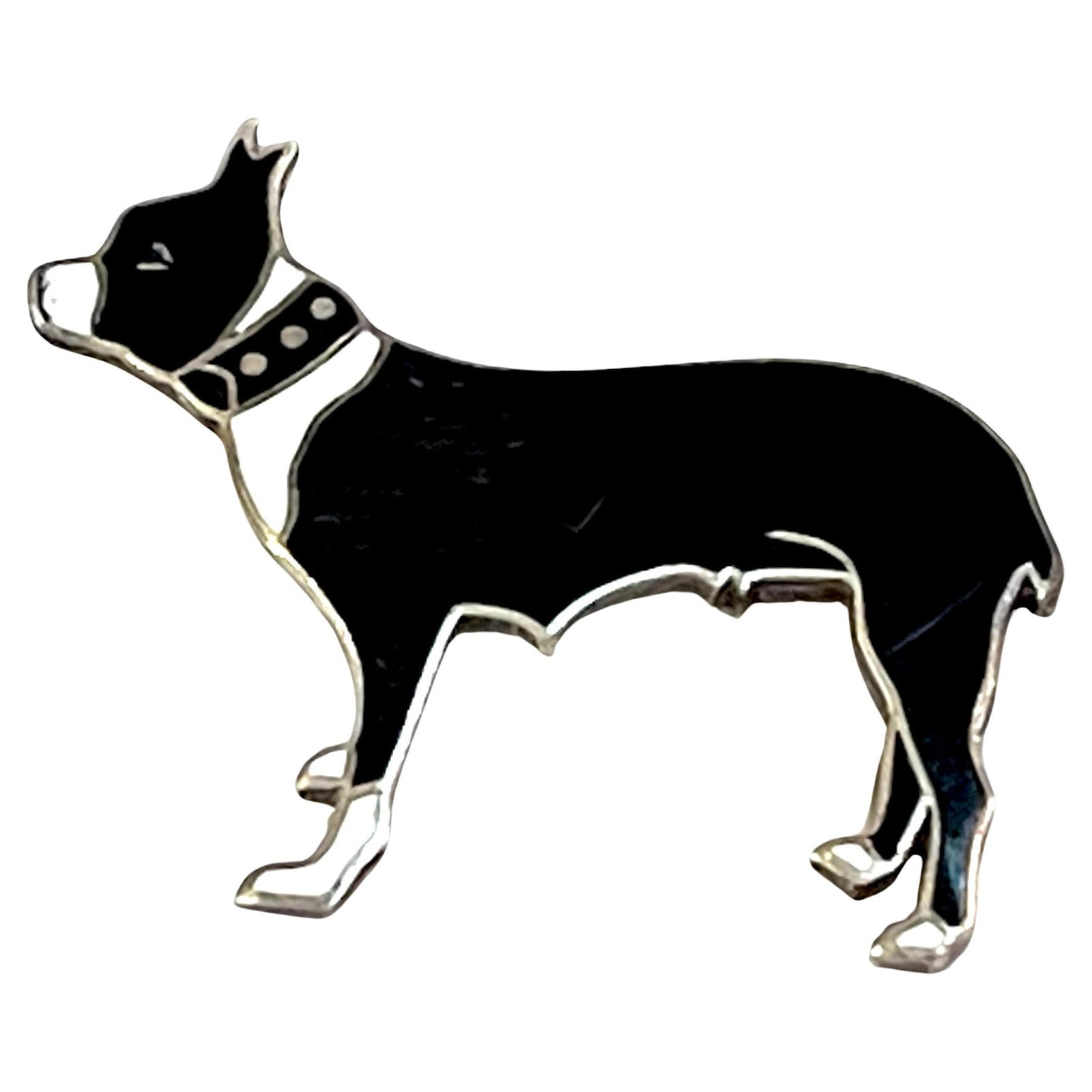 Art Deco Thomae Co Sterling Silver Boston Terrier Enamel Pin 1930s: Art Deco Thomae Co Sterling Silver Boston Terrier Enamel Pin 1930s Embrace the elegance of the Art Deco era with this exquisite sterling silver and enamel pin depicting a charming Boston Terrier. Craf