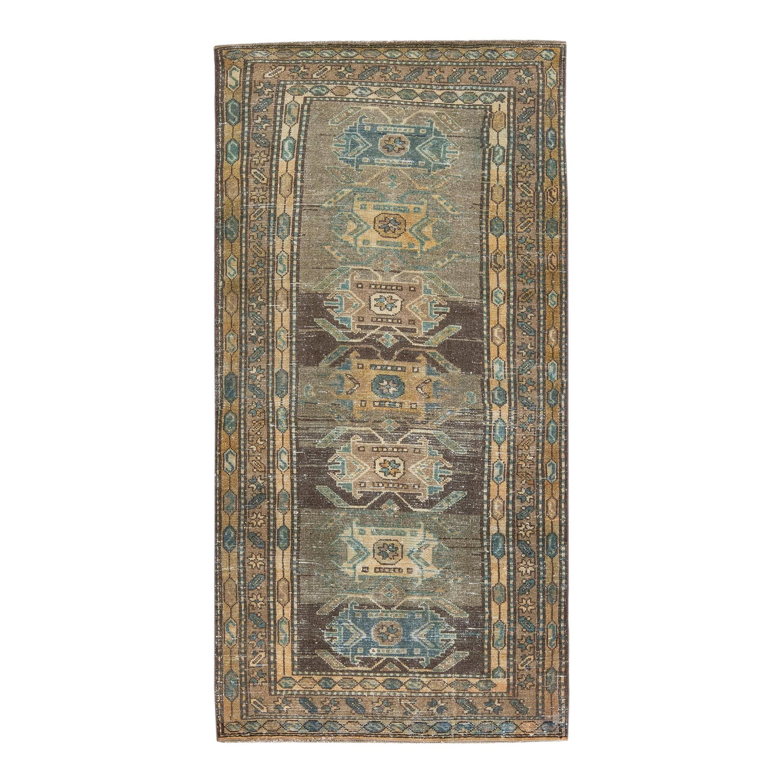 Vintage 1960s Persian Hand-Knotted Wool Runner 3'3 x 6'6 Tribal Design: Vintage 1960s Persian Hand-Knotted Wool Runner 3'3 x 6'6 Tribal Design This stunning vintage Persian runner showcases a beautifully distressed hand-knotted wool construction featuring a rich brown col